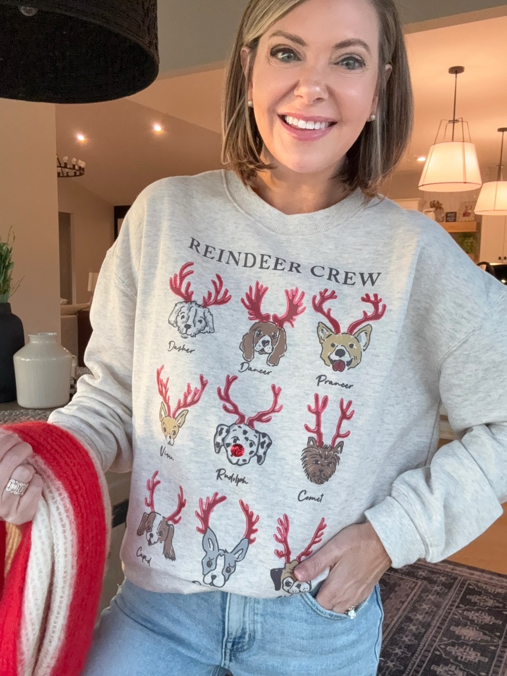 Maurices Cream Crewneck Sweatshirt with Red Reindeer Antler Accents